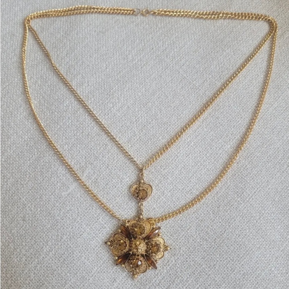 FLORENZA Signed Victorian Renaissance Revival Topaz Rhinestone Necklace - Picture 3 of 4